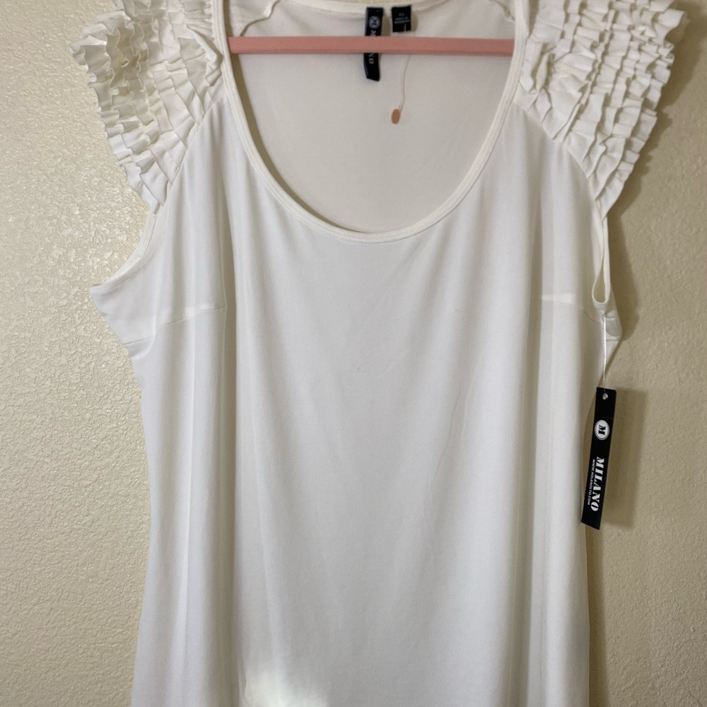 Milano White Ruffled Sleeveless Scoop Neck Blouse